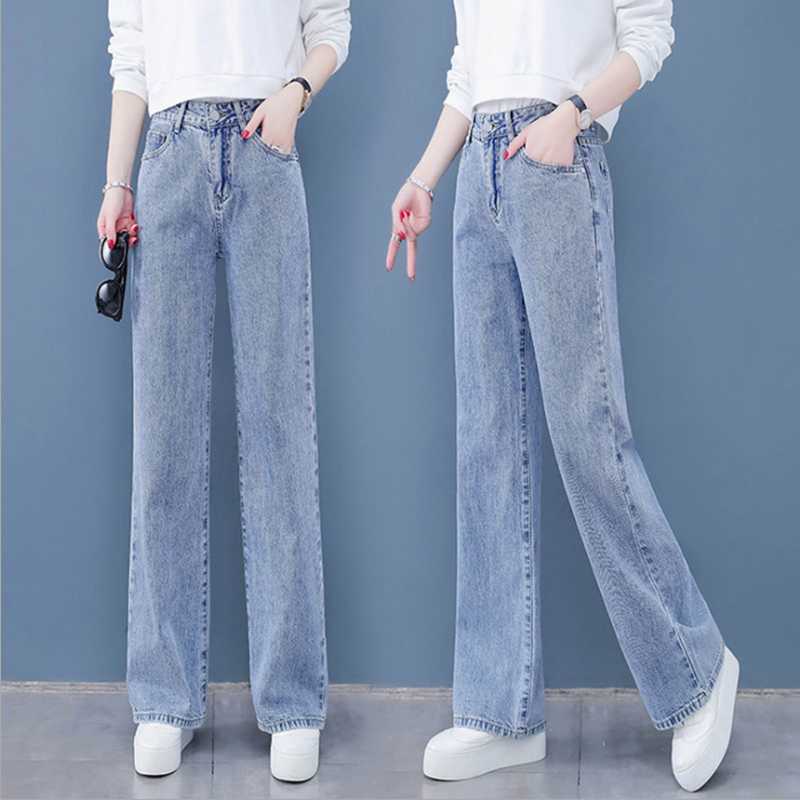 

Jeans Women Loose High Waist Straight High Waist Pants Solid Color Wide Legs Retro Loose Women's Denim Trousers Thin Section, Light blue trousers