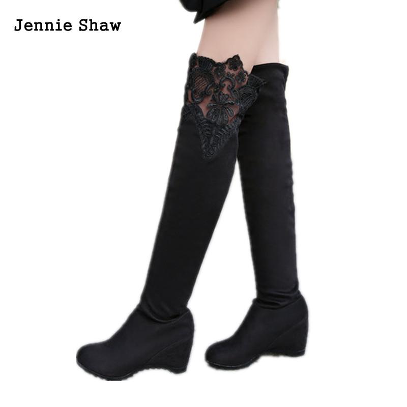 

Elastic High Heels Lace Boots Women Thigh High Wedges Bota Over The Knee, Black