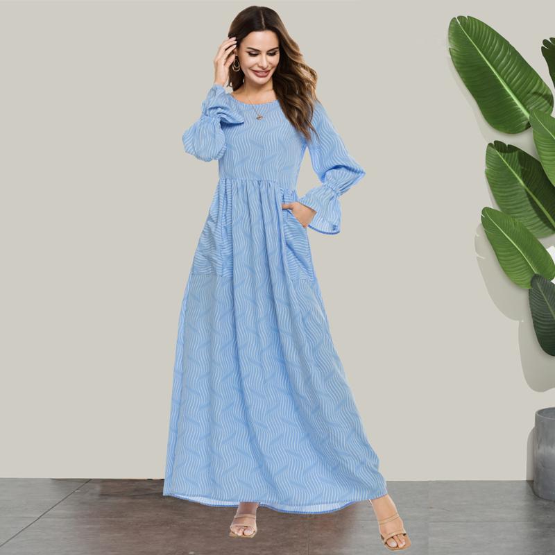 

Siskakia Maxi Dress Sweet O Neck Flare Long Sleeve Empire Swing A Line Dresses Fresh Blue Pocket Striped Women Clothing, Blue dress