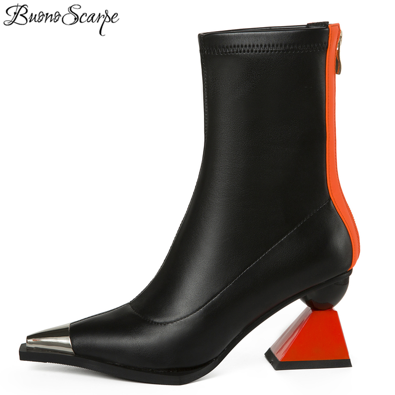 

Buono Scarpe Metal Toe Ankle Boots Strange High Heel Genuin Leather Boots Pointed Toe Botas Feminina Women Zipper Shoes, Beige