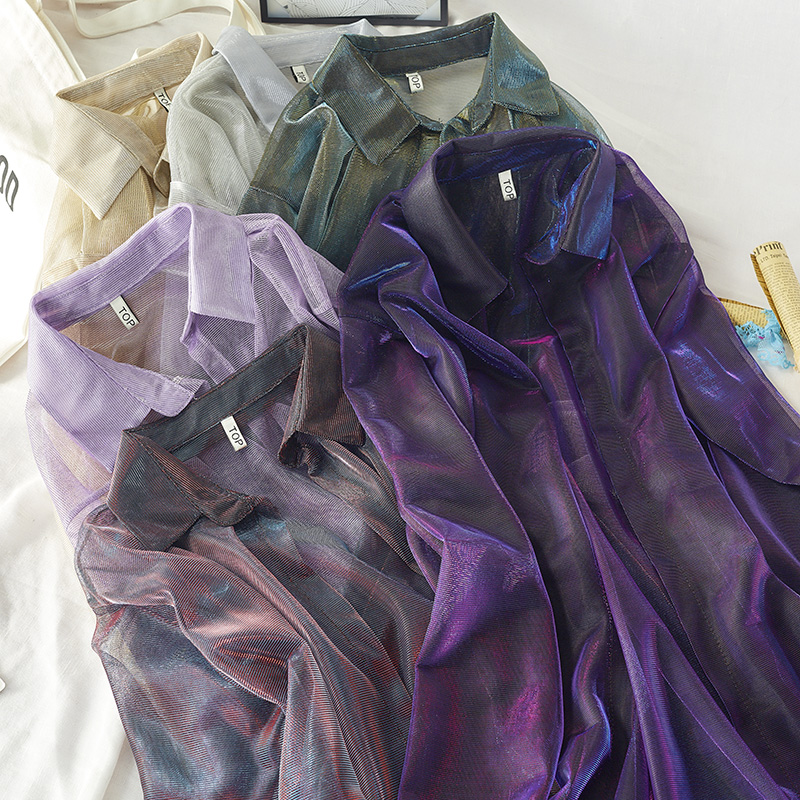 

Harajuku Thin Long Laser Jacket Sunscreen Baseball Coat Single-breasted Girls Transparent Chiffon Cardigan streetwear Crop Tops, Purple