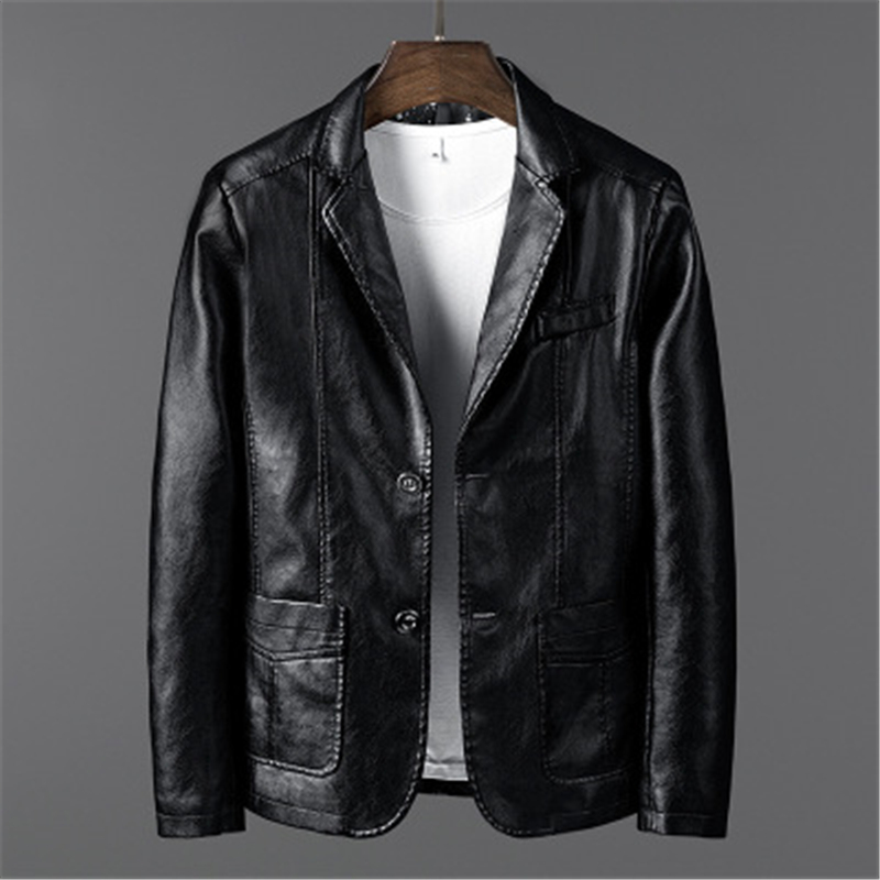 

2020 Leather Jacket Men Slim Fit Blazer Fashion PU Coat Business Casual Mens Spring Autumn Outwear Top, Black