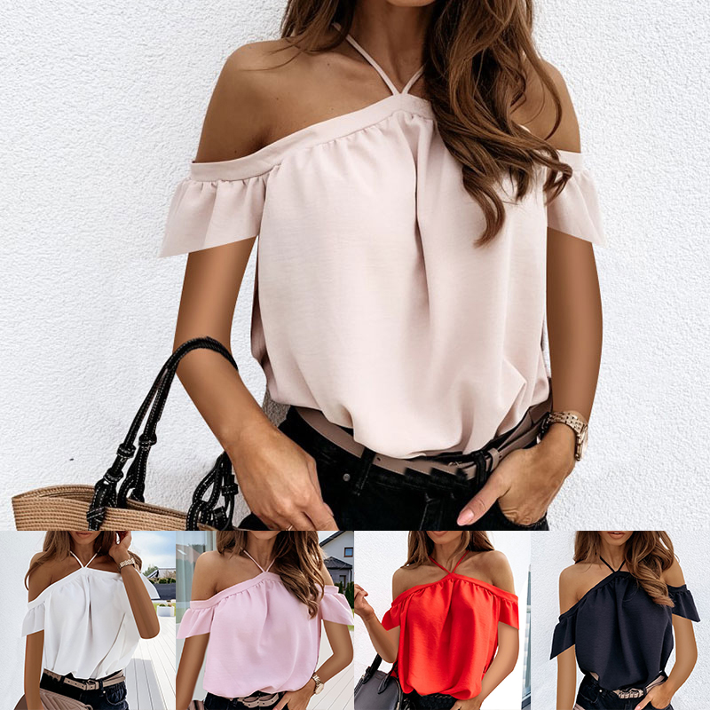 

S-3XL Off Shoulder Halter Blouse Shirts One Word Collar Ruffle Sexy Backless Solid Color Tops Ladies Elegant Short Sleeve Shirt, Red