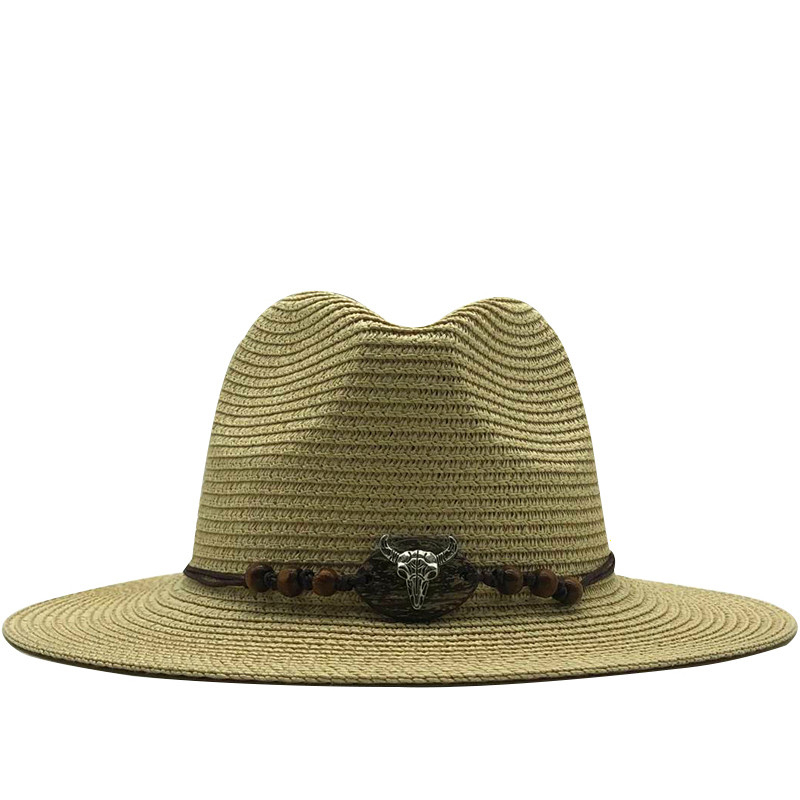 

Hot Summer Straw Hat for Men Women Sun Beach Hat Men Jazz Panama Hats Fedora Wide Brim Sun Protection Cap with Leather Belt, Solid color khaki