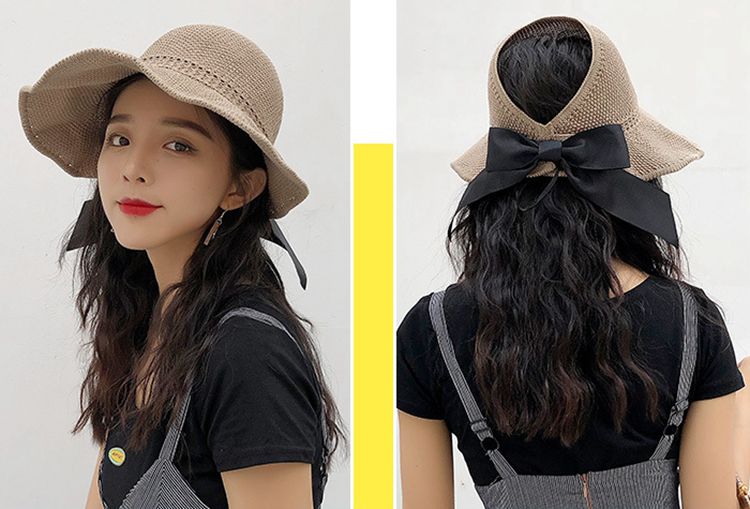

women spring summer hat knitted visor cap black bow foldable beach hat adjustable fashion outdoor sports running cycling, Grey