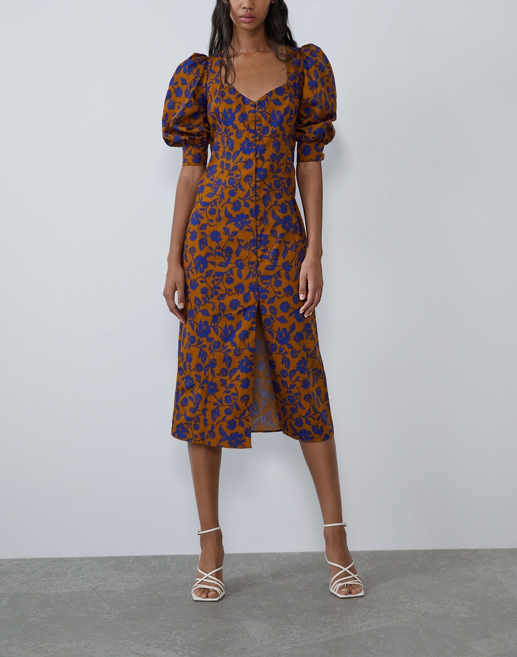 square collar printed puff sleeve midi dress