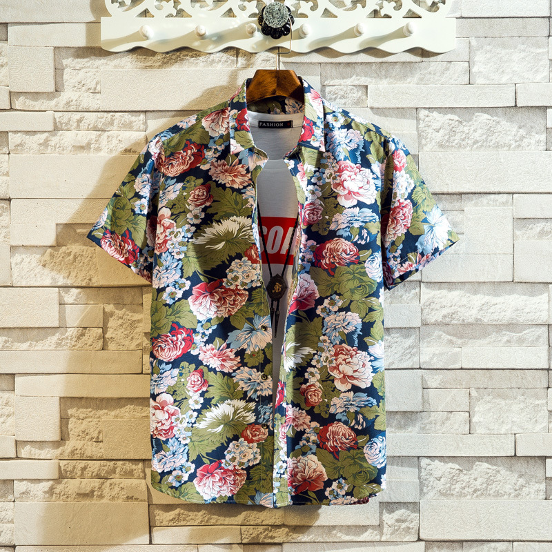 

Men Floral Shirts 2020 Summer New Casual Short Sleeve Shirt Men Fashion Print Loose Turn-down Collar Shirts Plus Size -5XL, Beige