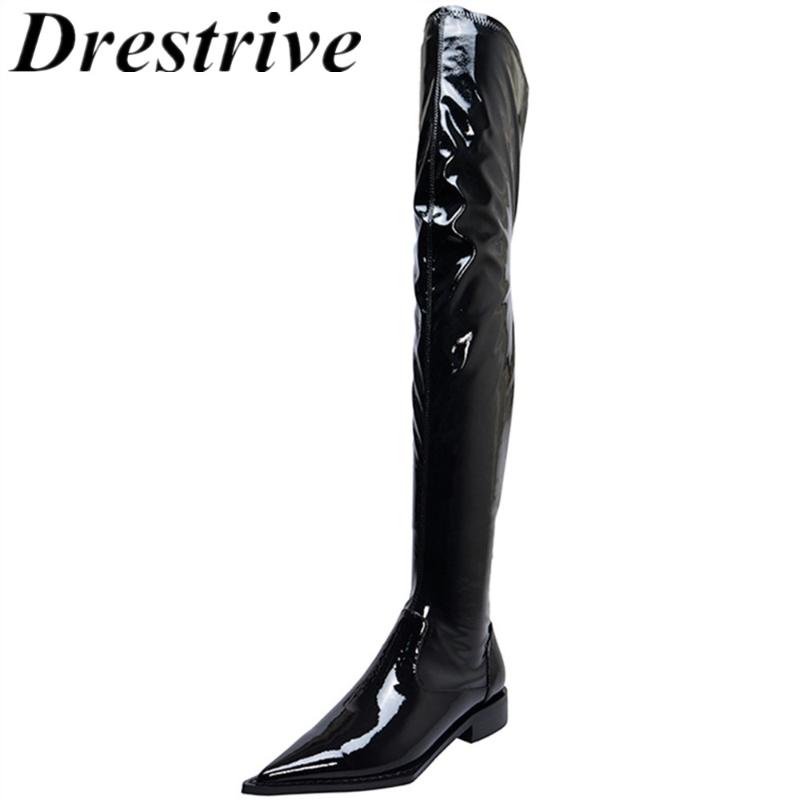 

Drestrive Women Over Knee High Boots Cow Leather Low Heels 3 cm Patent Leather Pointed Toe Zipper Female Fashion Spring Shoes, Black