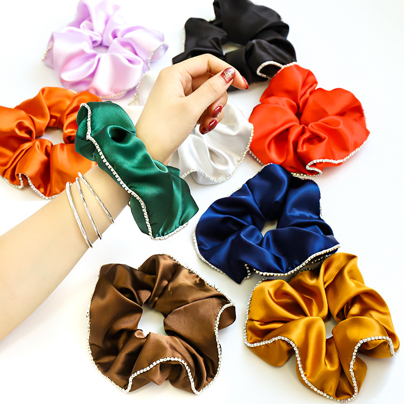 

Bright Silk Satin Rhinestone Ruffle Women Hairband Accessory Girls Ponytail Solid Color Satin Hair Rope Lady Fashion Accessory