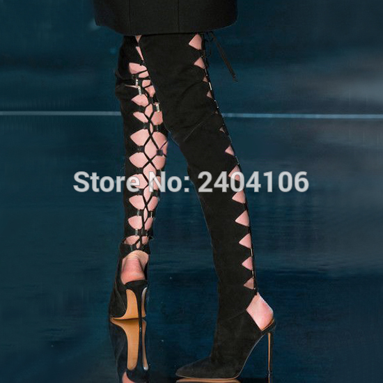 

Zapatos Mujer Sexy Cut Outs Slingbacks Strappy Long Botas Pointed Toe Over The Knee Boots Black Suede Lace Up Thigh High Boots, As pic