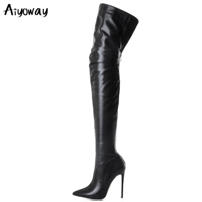 

Sexy Stretch PU Leather Over the Knee Boots Women Pointed toe Thigh High Heels Boots Party Winter Black Large Size Aiyoway