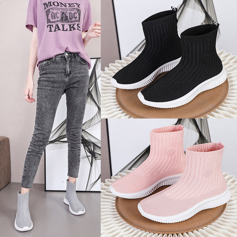 

Women's stretch sock boots fashion breathable flying high-top sneakers casual shoes 2020 spring and autumn light women's shoes, Black