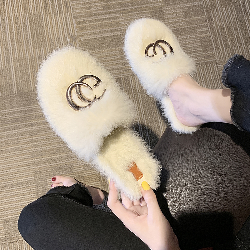 

Women Furry Slippers Ladies Shoes Cute Plush Rabbit Hair Fluffy Sandals Women's Fur Slippers Warm Slippers Women Design Slides LJ200903, Black