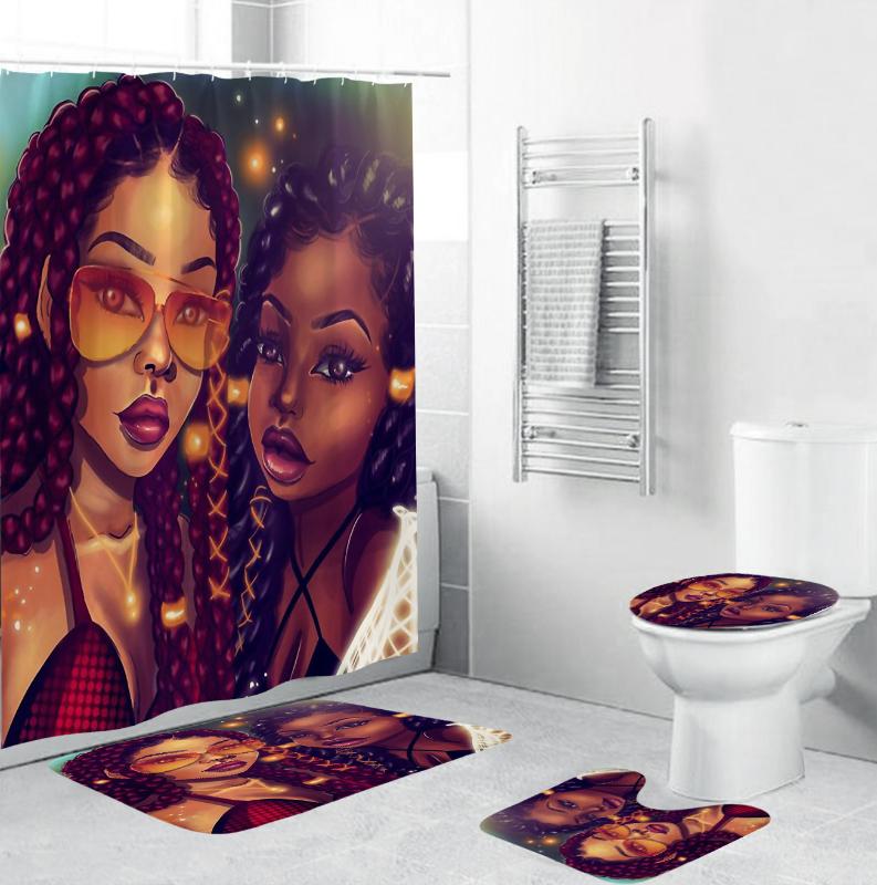 

Black Art Afro Mom and Daughter Bathroom Curtains African American Women Shower Curtain Toilet Cover Mat Non-Slip Bath Rug Set