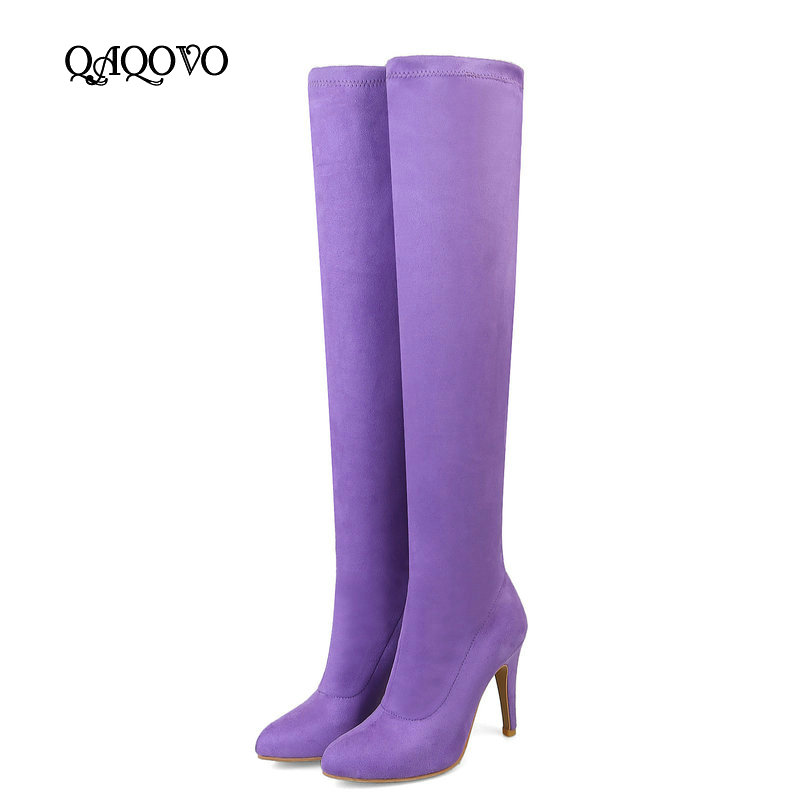 

Ladies High Heels Over The Knee Boots Women Flock Leather Thigh Boots Fashion Pointed Toe Slip On Autumn Winter Shoes, Red