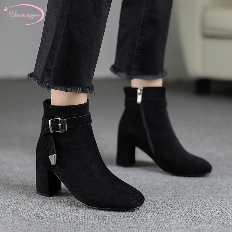 

Street style round toe flock ankle boots fashion belt buckle zipper beige black high-heeled chunky riding boots women's shoes