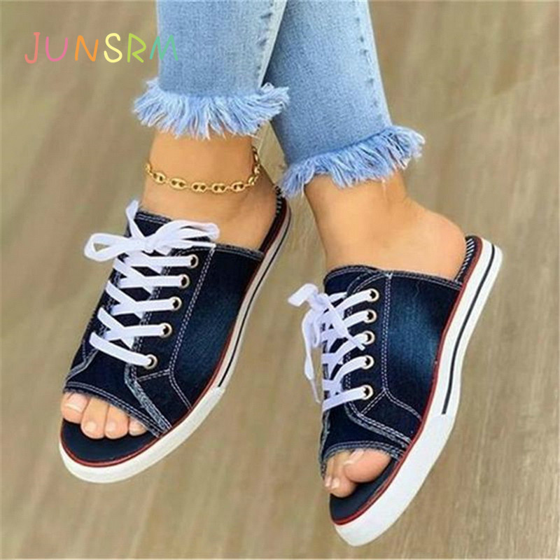 

JUNSRM 2020 Fashion Women Canvas Sandals Breathable Summer Slippers Lace Up Open Toe Ladies Faux Denim Flat Shoes Zapatos Mujer, Black 1