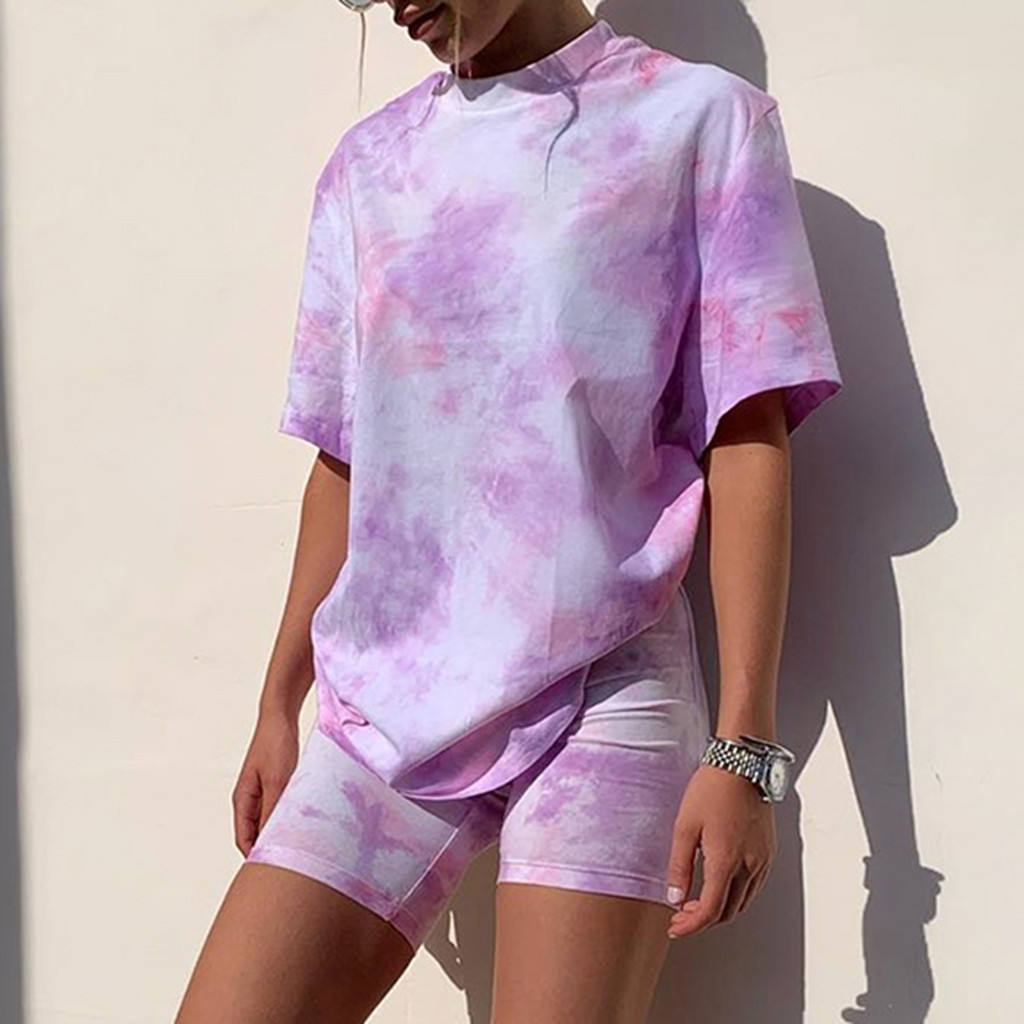 

Tie Dye Print Basic Tshirt Two Piece Set Women Casual Outfits lounge Wear Jogging Femme Biker Shorts Tees Summer#T2 Y200822, Blue