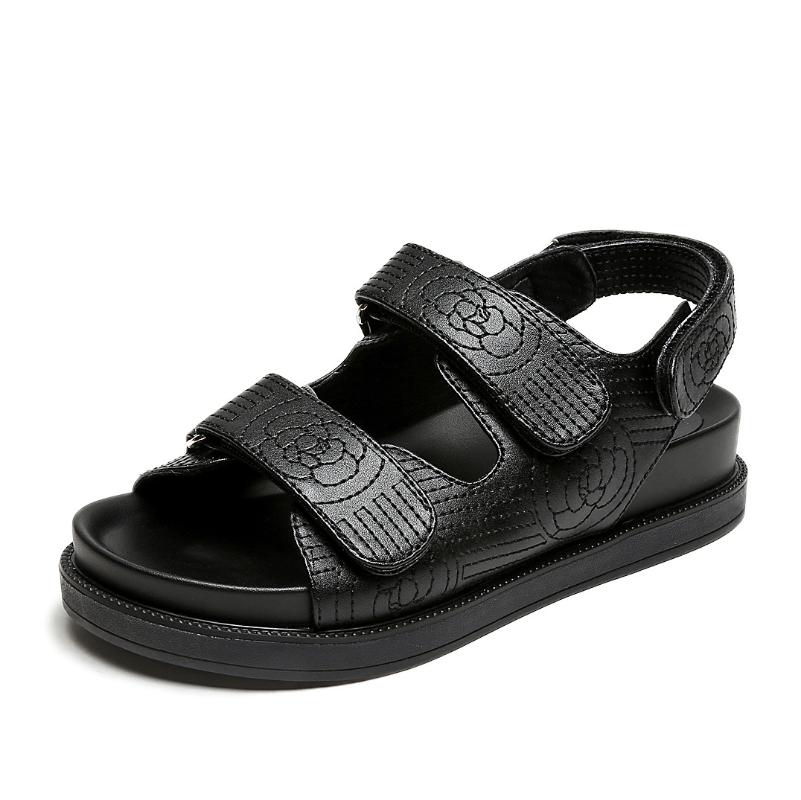 

Women Sandals Woman Sandalias Flower Platform Flats Ladies Real Leather Sandals Female Brand Footware Shoes Zapatos De Mujer New, Black
