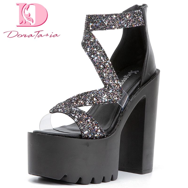 

Doratasia 2020 fashion extreme high square heels on sale summer platform women shoes bling party sandals, Black