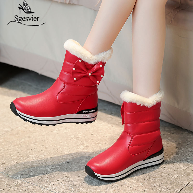 

Sgesvier 2020 PU Leather Platform Women Shoes Warm Fur Winter Casual Short Boots Sweet Butterfly-Knot Women Snow Boots Size 43, Black