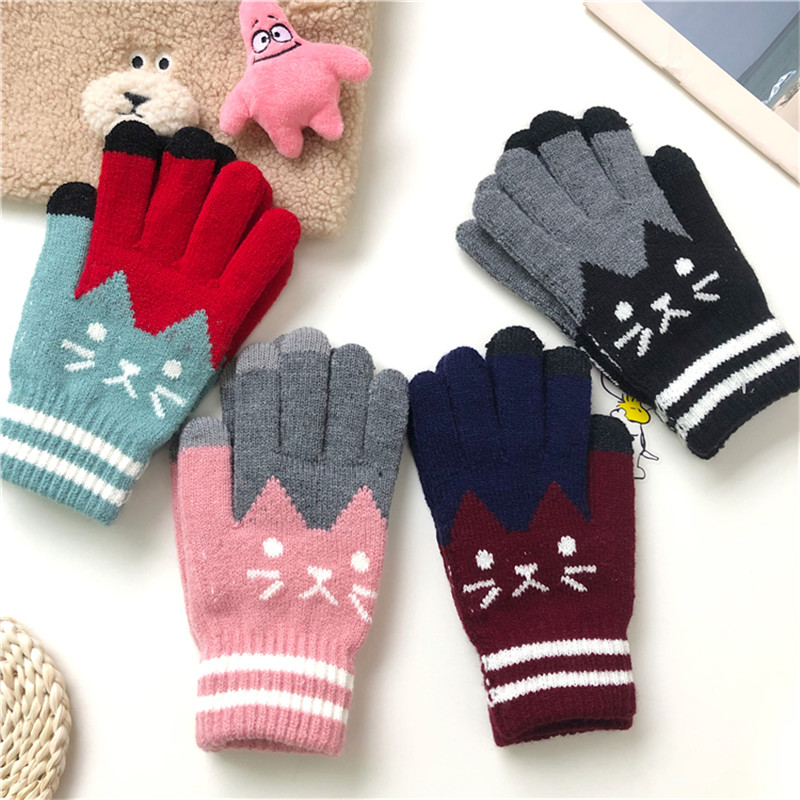 

2020 New Fashion Winter Gloves for Women Girls Cartoon Printed Wool Knitted Full Finger Screen Sense Mittens Christmas handschuh