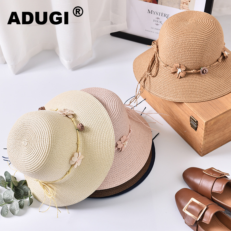 

ADUGI Sun Hat Summer Travel Ladies Hat Straw Colorful Flowers Fisherman Bow Basin Outdoor Beach Breathable, Khaki