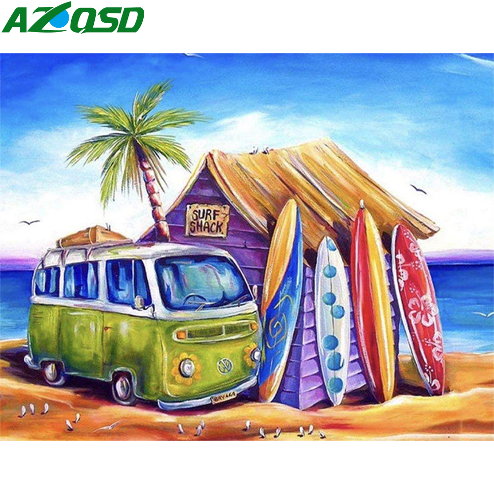 

AZQSD Adult Coloring By Numbers Seaside Landscape Unique Gift Unframe DIY Oil Painting By Numbers Bus Home Decoration