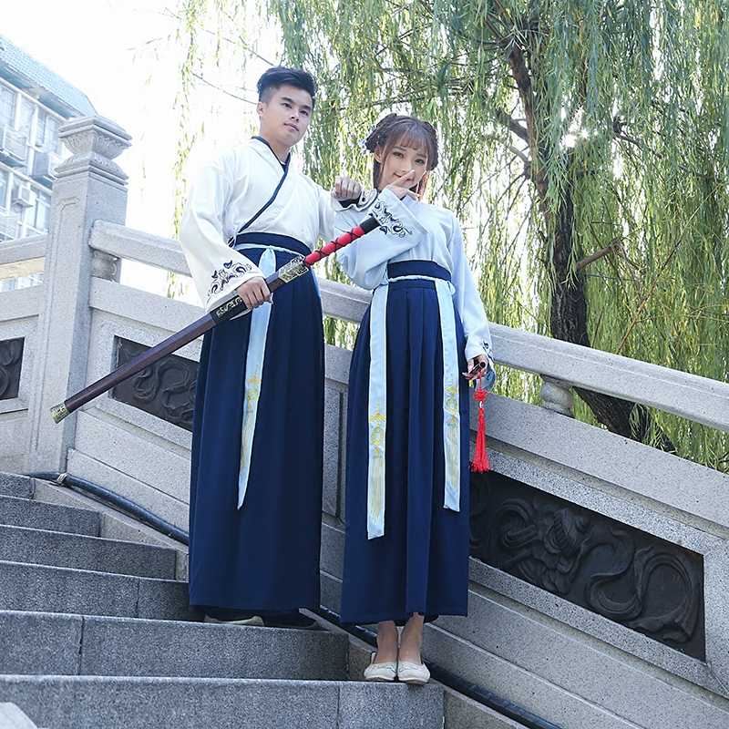 

Chinese Traditional Han Dynasty Swordsman Cosplay Costume National Hanfu Clothing Men Women Oriental Folk Stage Dance Clothing, Women blue