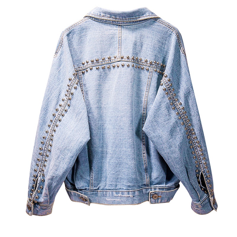 

Denim Jacket Women Streetwear Vintage Basic coat Spring Autumn Studded Rivet Oversized Ripped Hole Plus Size Jean Jacket Coat, Blue