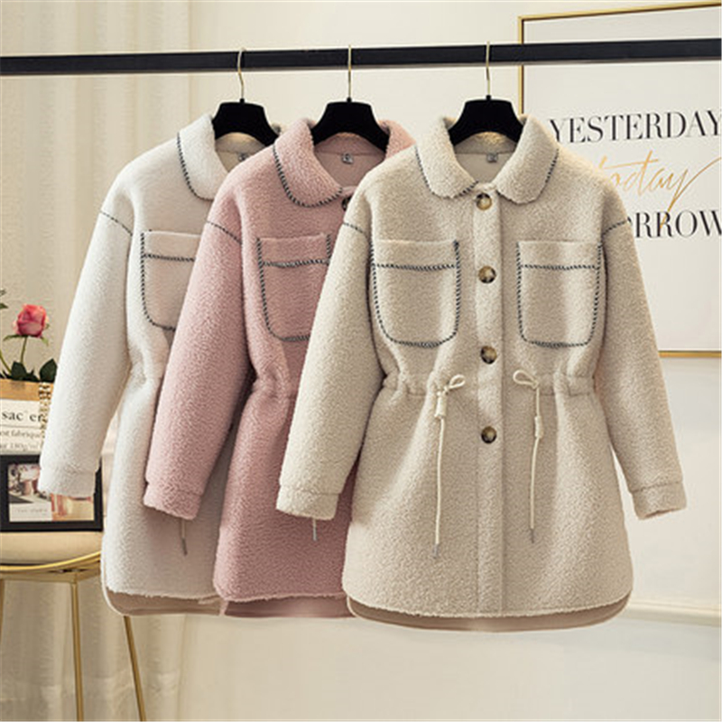 

Winter New Warm Velvet Lamb Fur Coat Female Imitation Fur One In The Long Section Of The Waist Sheep Shearing Coat H00332, Pink