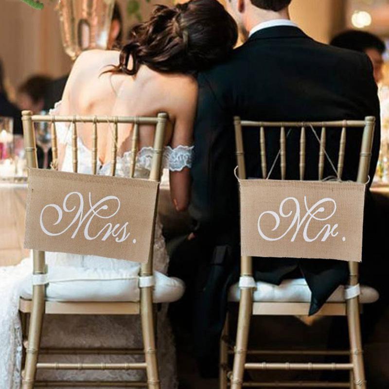 

HobbyLane 2pcs/lot Burlap Bows Mr. & Mrs Burlap Chair Banner Set Chair Sign Garland Rustic Wedding Party Decoration