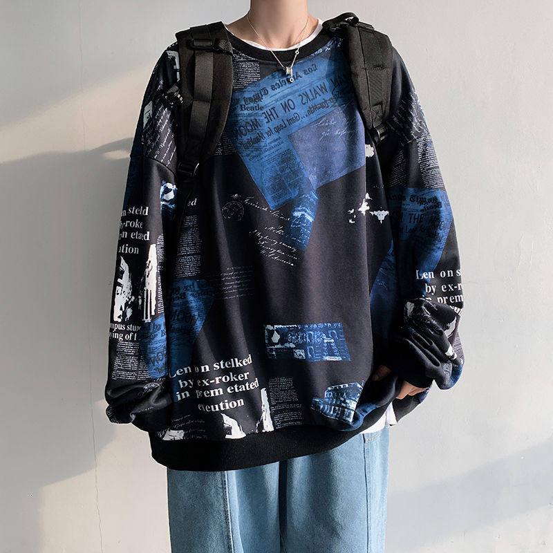 

Men's sweater 2020 autumn and winter new handsome loose print pullover sweater youth personality fashion men's clothing, Black