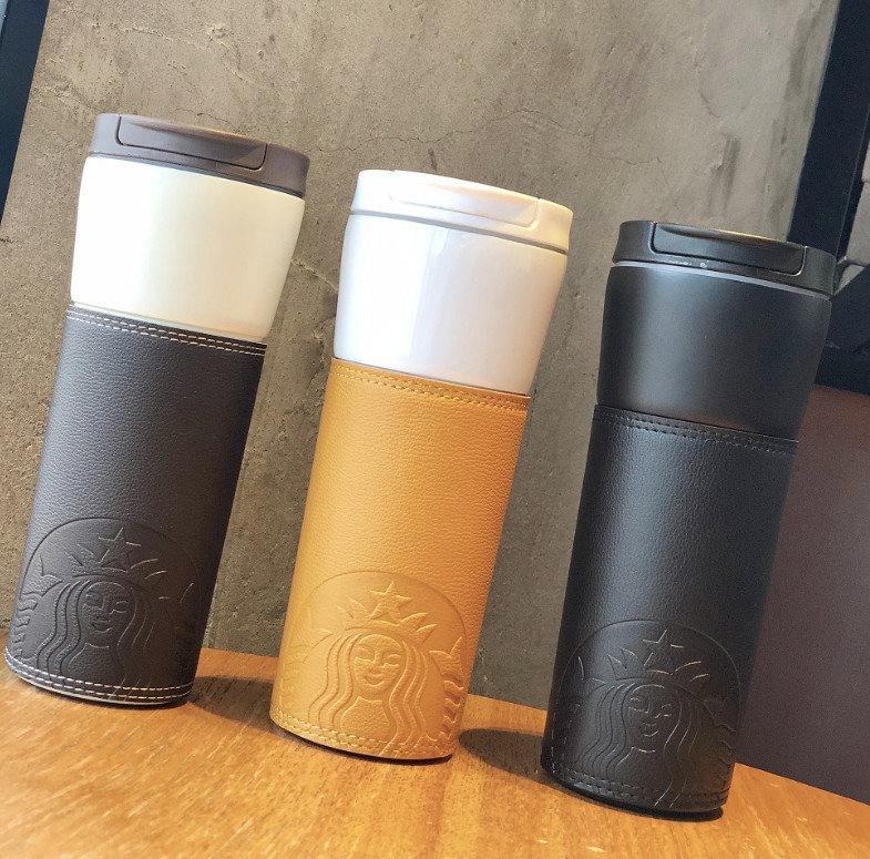 

The latest 16OZ mug Starbucks stainless steel coffee cup, in many styles, with a leather case, effectively protecting bottle, Write color after purchase