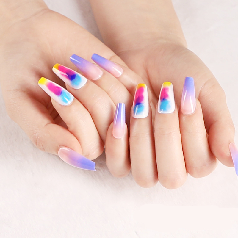 

24pcs Purple Gradient Rainbow Color Ballet Long Coffin Fake Nails press on Colorful Beauty Fashion Style Girls Hands Decoration, As show