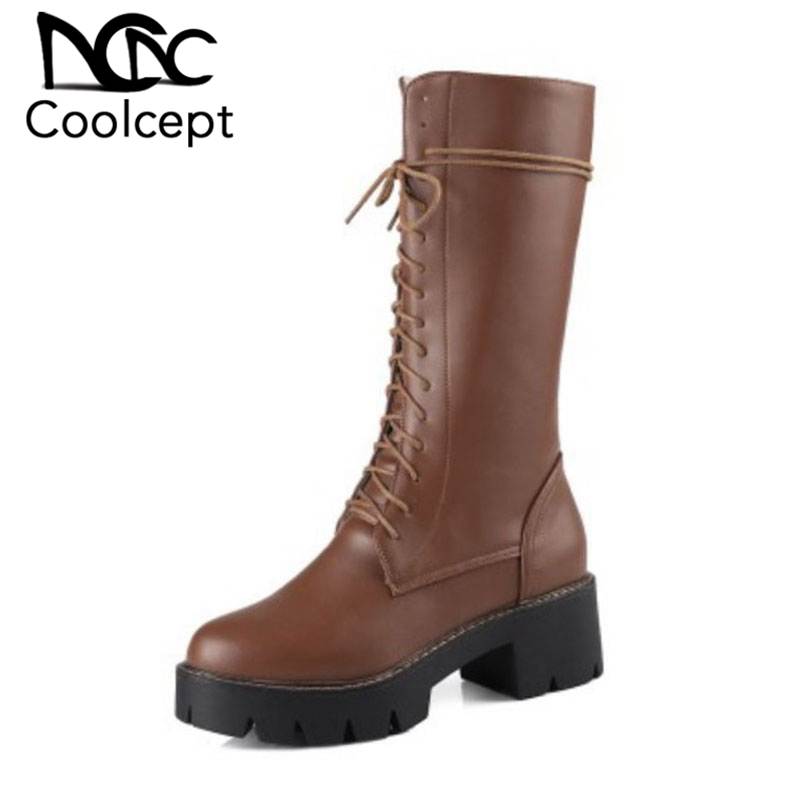 

CoolCept Women Half Short Boots Casual Lace Up Knight Shoes Women Winter Warm Fur Zipper High Heels Platform Boots Size 34-43, Black
