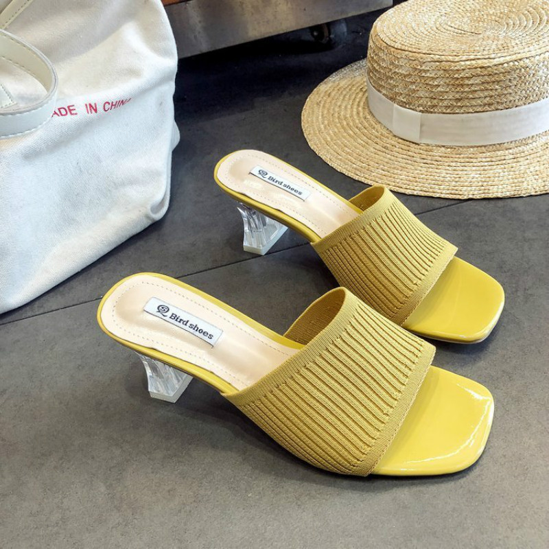 

Women Knitted Slippers Women's Summer Thick Heel Transparent Heel Square Toe Open Toe Slides Female Fashion One Word Shoes, Beige