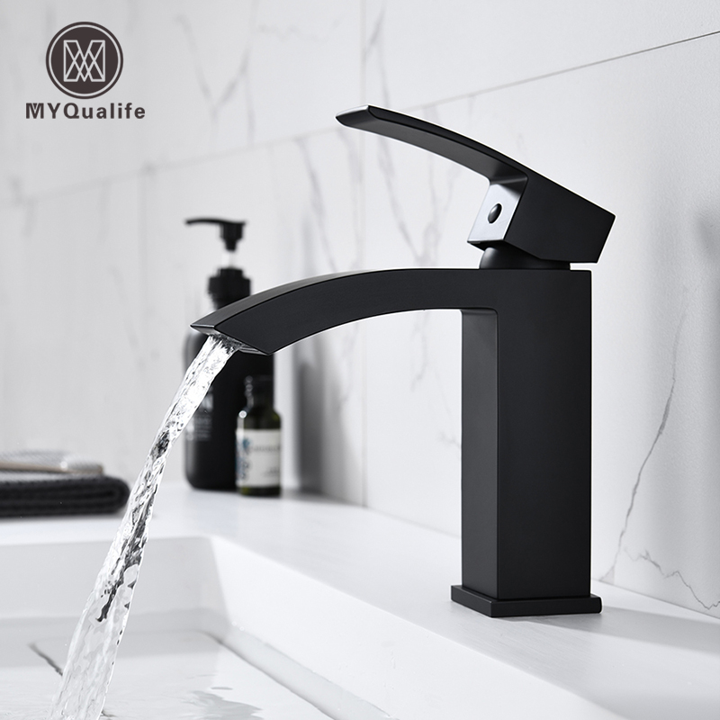 

Matte Black Basin Vessel Sinks Mixer Faucet Single Handle Countertop Waterfall Square Bathroom Washing Mixer Taps Deck Mounted