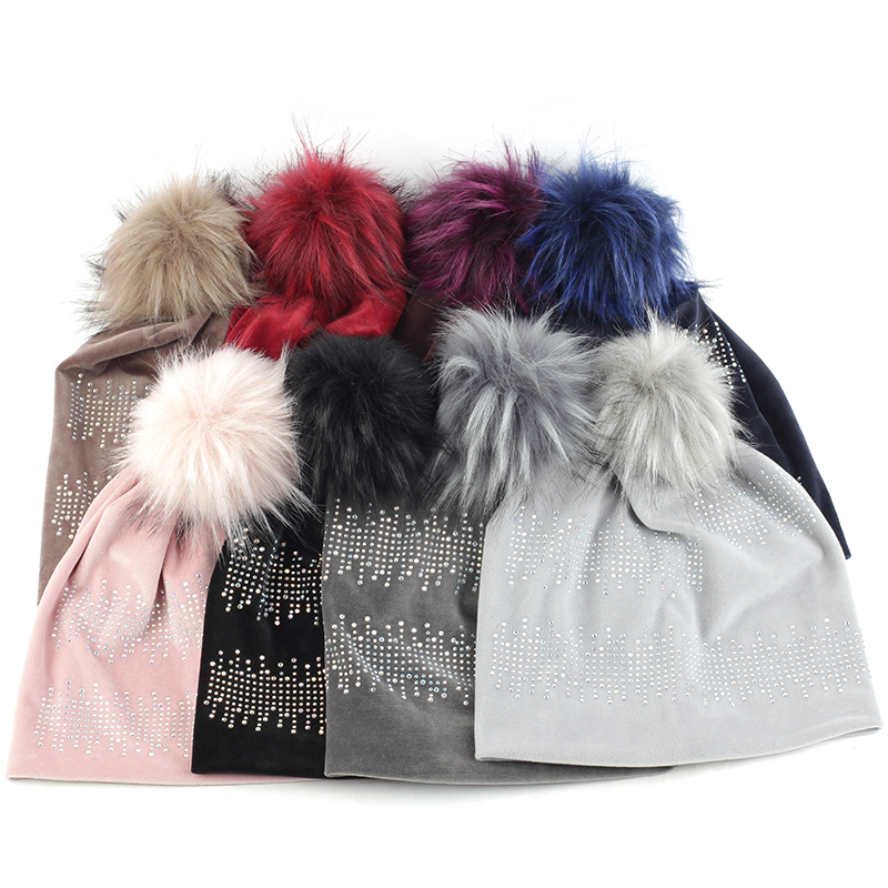 

Fashion Women Winter Warm Rhinestone Skullies Beanies Hat Female Thick Girls Soft Cap With 15cm Faux Fur Pompom Hairball, Dark red 9