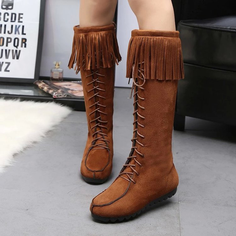 

Tassel long over the knee boots women lace up fashion flock women winter shoes non-slip retro warm flat snow boots female VT319, Gray