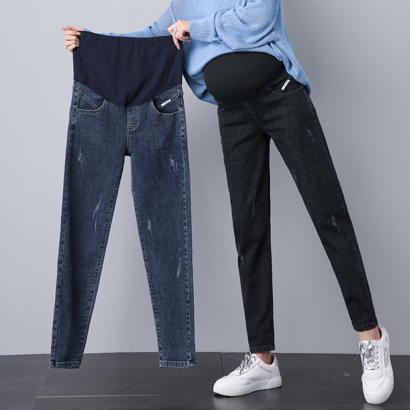 

531# Maternity pants Spring Autumn leisure Maternity Jeans Belly Support Pants Support Abdomen Elastic Waist Trousers, Elastic blue