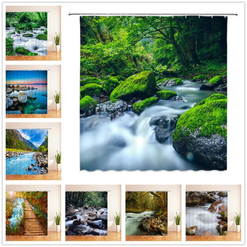 

Landscape Shower Curtains Natural Waterfall Green Plants Forest Scenery Bathroom Decor Home Bathtub Waterproof Polyester Curtain
