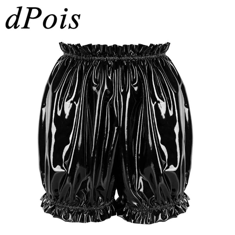

Women Female Black Patent Leather Shorts Wet Look Hem Ruffled Booty Shorts Clubwear Stage Dance Costumes Hot Latex