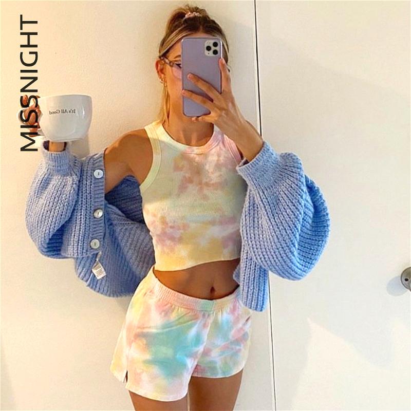 

Missnight Tie Dye Women Vest Tank Top Shorts Knitted 2 Piece Set Y2k Crop Top High Waist Sleevess Streetwear Casual Lounge Wear