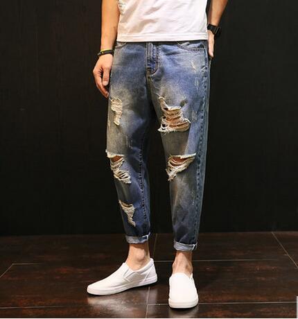 

M-5XL!!Summer hole jeans male loose ankle length trousers plus size trousers thin, 01