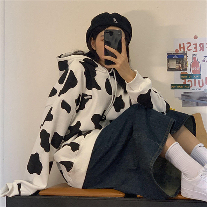 

Cow print thin autumn women hoody loose hooded jacket women' hoodie Streetwear clothes top Harajuku sweatshirt, Dark grey