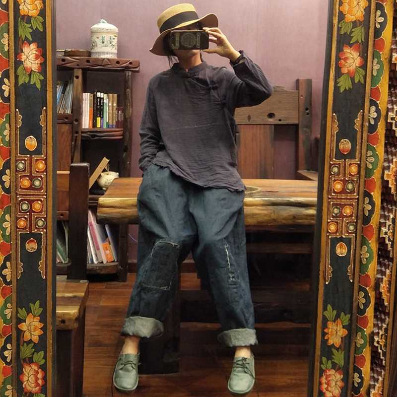 

Johnature Regular Full Sleeve Solid Vintage Stand Collar Clothes Casual Women Shirts Cotton Linen Womens Tops And Blouses, Gray