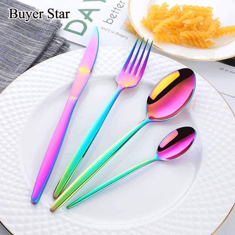 

4PCS Stainless Steel Gold Dinnerware Set Colorful Cutlery Set Dinner Knife Fork Spoon Rainbow Portable Tableware Utensils Home