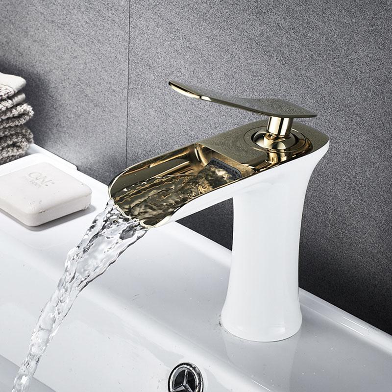 

Free Shipping Basin Sink Faucet golden white chrome Single Handle Waterfall Bathroom Mixer Deck Mounted taps