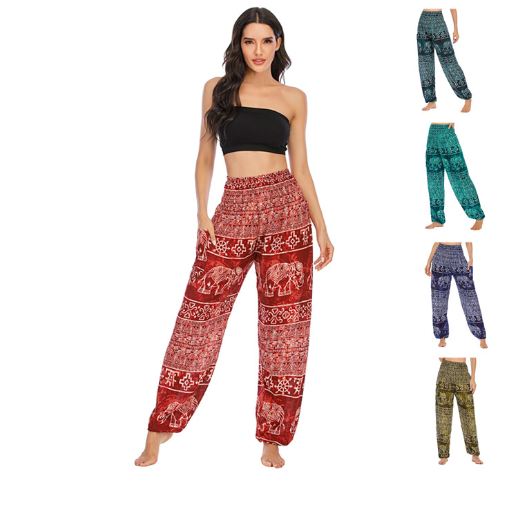 

Thailand Elephant Print Pants Women 2020 New Spring Summer Indie Folk Elastic Waist Loose Casual Pants Trousers Female, Red